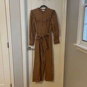 Storia Tan Jumpsuit with Ruffle Accents